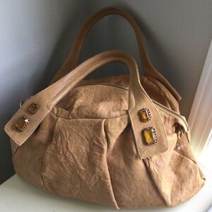 Tan Leather Satchel Handbag with Amber Gem Accents